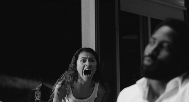 Woman yelling at man in a black and white photo. The photo is from the movie Malcolm and Marie. Marie is yelling at Malcolm. 